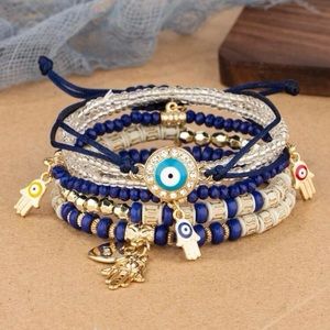 6 piece beaded bracelet set/ hamsa 🪬 hand, evil eye and heart